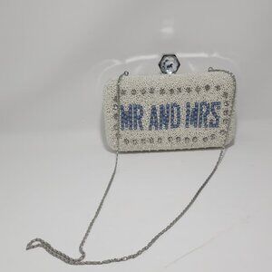 Ivory and Blue Beaded "Mr. & Mrs." Evening Purse by Amelia Rose